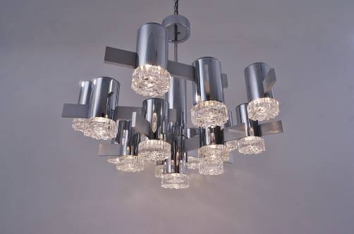 Sciolari large chandelier,16 lights, chrome & glass 1970`s, Italian